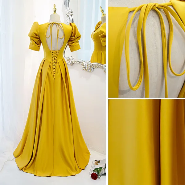 Vintage / Retro Gold Prom Dresses 2021 A-Line / Princess Floor-Length / Long V-Neck Puffy Short Sleeve Backless Prom Formal Dresses