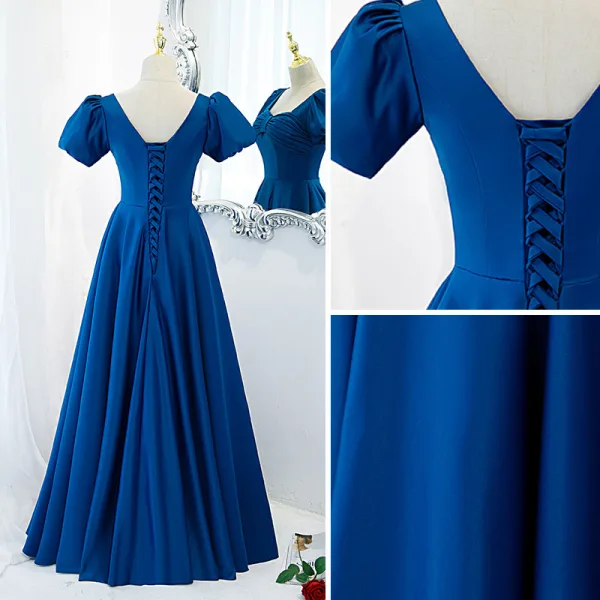 Vintage / Originale Océan Bleu Satin Robe De Bal 2021 Princesse Encolure Carrée Gonflée Manches Courtes Dos Nu Longue Promo Robe De Ceremonie