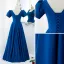 Vintage / Originale Océan Bleu Satin Robe De Bal 2021 Princesse Encolure Carrée Gonflée Manches Courtes Dos Nu Longue Promo Robe De Ceremonie