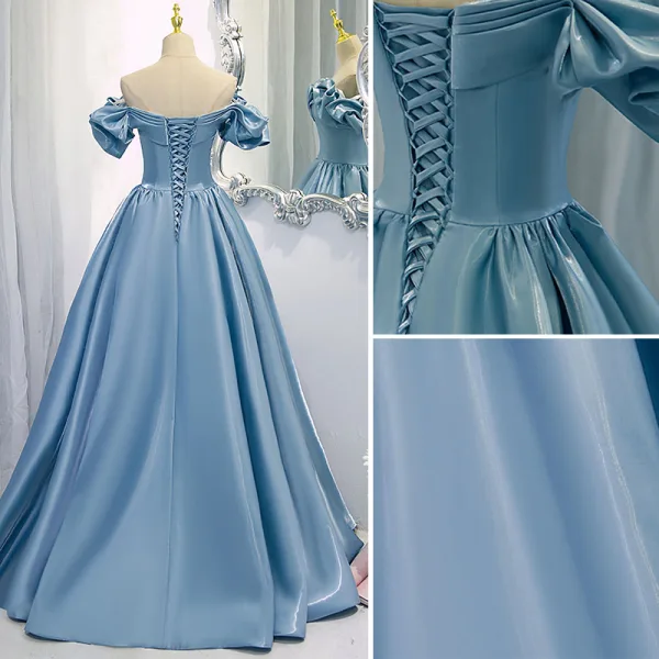 Fashion Sky Blue Satin Prom Dresses 2021 A-Line / Princess Off-The-Shoulder Ruffle Short Sleeve Backless Floor-Length / Long Prom Formal Dresses