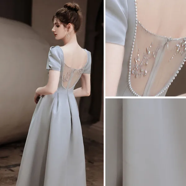 Vintage / Retro Silver Grey Satin Prom Dresses 2021 A-Line / Princess V-Neck Beading Pearl Sequins Short Sleeve Backless Floor-Length / Long Prom Formal Dresses
