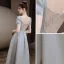 Vintage / Retro Silver Grey Satin Prom Dresses 2021 A-Line / Princess V-Neck Beading Pearl Sequins Short Sleeve Backless Floor-Length / Long Prom Formal Dresses