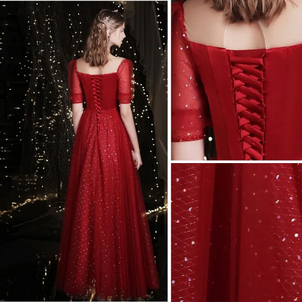 Charming Burgundy Prom Dresses 2021 A-Line / Princess Scoop Neck Beading Sequins Short Sleeve Backless Floor-Length / Long Prom Formal Dresses