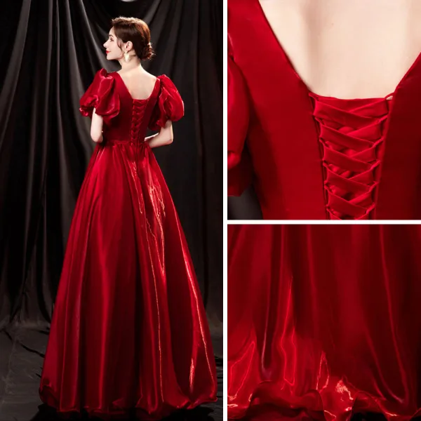 Vintage / Retro Burgundy Satin Prom Dresses 2021 A-Line / Princess V-Neck Rhinestone Bell sleeves Backless Floor-Length / Long Prom Formal Dresses