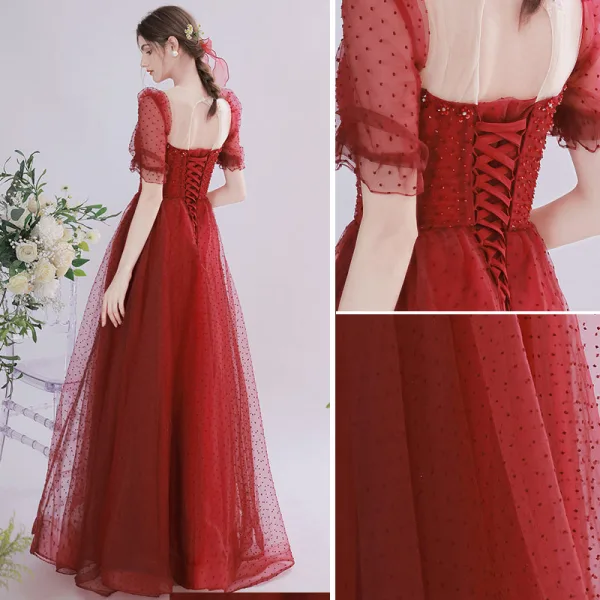 Elegant Burgundy Beading Prom Dresses 2021 A-Line / Princess Scoop Neck Sequins Short Sleeve Backless Floor-Length / Long Prom Formal Dresses