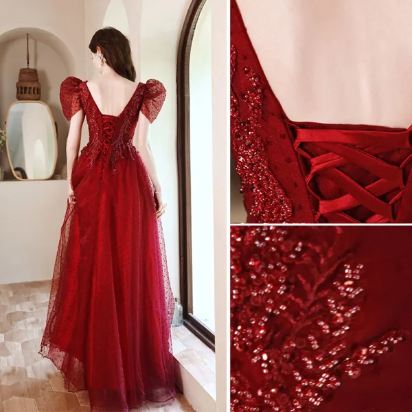 Elegant Burgundy Lace Flower Prom Dresses 2021 A-Line / Princess V-Neck Beading Pearl Cap Sleeves Backless Floor-Length / Long Formal Dresses