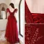 Elegant Burgundy Lace Flower Prom Dresses 2021 A-Line / Princess V-Neck Beading Pearl Cap Sleeves Backless Floor-Length / Long Formal Dresses