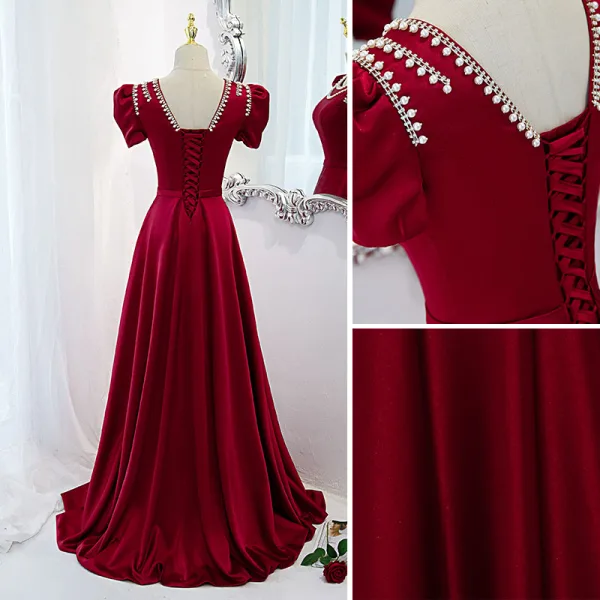 Elegant Burgundy Satin Prom Dresses 2021 A-Line / Princess Scoop Neck Pearl Rhinestone Puffy Short Sleeve Sash Backless Floor-Length / Long Formal Dresses