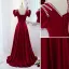 Elegant Burgundy Satin Prom Dresses 2021 A-Line / Princess Scoop Neck Pearl Rhinestone Puffy Short Sleeve Sash Backless Floor-Length / Long Formal Dresses