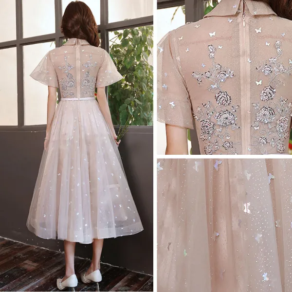 Charmant Rougissant Rose Robe De Soirée Robe De Bal 2021 Princesse Col Haut Papillon Appliques Paillettes En Dentelle Fleur Ceinture Manches Courtes Longue Robe De Ceremonie