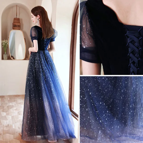 Bling Bling Mörk Marinblå Stjärnbeströdd Himmel Mocka Balklänningar 2021 Prinsessa Fyrkantig Ringning Stjärna Paljetter Rhinestone Korta ärm Halterneck Långa Formella Klänningar