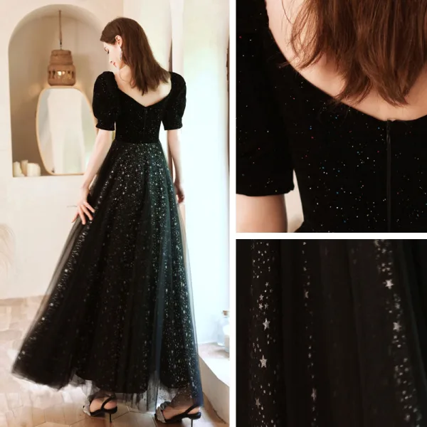 Chic / Belle Bling Bling Noire Étoile Paillettes Robe De Bal 2021 Princesse Encolure Carrée Manches Courtes Longue Robe De Ceremonie