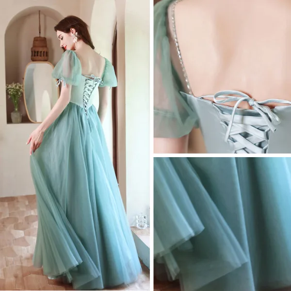 Elegant Mint Green Prom Dresses 2021 A-Line / Princess Square Neckline Puffy Short Sleeve Backless Bow Floor-Length / Long Formal Dresses