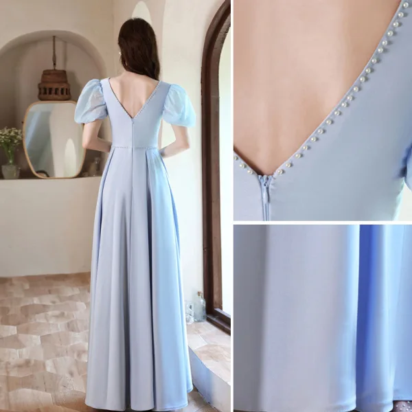 Élégant Bleu Ciel Perle Robe De Bal 2021 Princesse Encolure Carrée Manches Courtes Dos Nu Longue Robe De Ceremonie