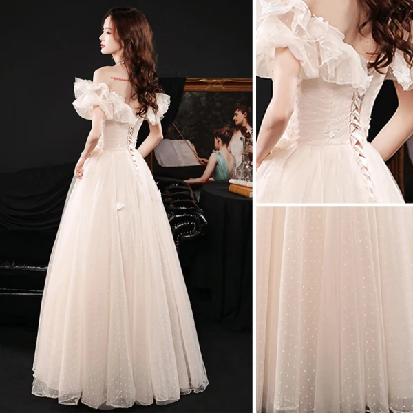Modern / Fashion Champagne Lace Butterfly Prom Dresses 2021 A-Line / Princess Off-The-Shoulder Puffy Short Sleeve Backless Floor-Length / Long Prom Formal Dresses