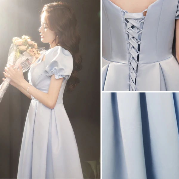 Vintage / Retro Sky Blue Prom Dresses 2021 A-Line / Princess Square Neckline Puffy Short Sleeve Backless Floor-Length / Long Prom Formal Dresses