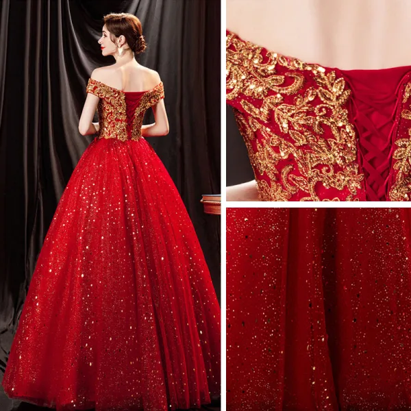 Scintillantes Rouge Glitter Perlage Paillettes Robe De Bal 2021 Princesse De l'épaule Sans Manches Dos Nu Longue Robe De Ceremonie