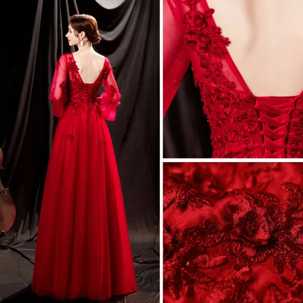 Chic / Belle Rouge En Dentelle Fleur Robe De Bal 2021 Princesse V-Cou Manches de cloche Dos Nu Longue Robe De Ceremonie