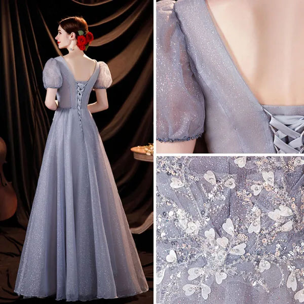 Bling Bling Gris Glitter Perlage Paillettes Appliques Robe De Bal 2021 Princesse V-Cou Gonflée Manches Courtes Dos Nu Longue Robe De Ceremonie