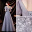 Bling Bling Gris Glitter Perlage Paillettes Appliques Robe De Bal 2021 Princesse V-Cou Gonflée Manches Courtes Dos Nu Longue Robe De Ceremonie