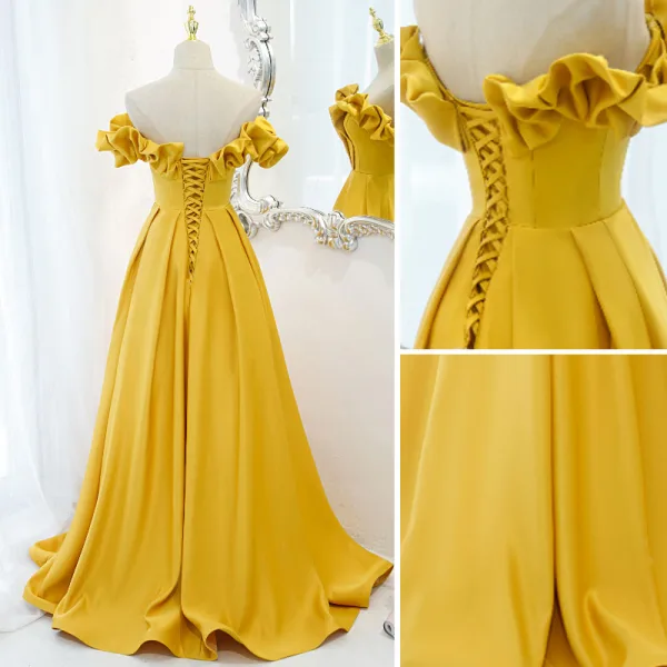 Fashion Yellow Prom Dresses 2021 A-Line / Princess Ruffle Off-The-Shoulder Sleeveless Backless Floor-Length / Long Formal Dresses