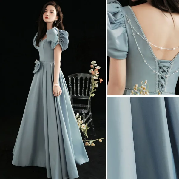 Vintage / Originale Bleu Ciel Robe De Bal 2021 Princesse Encolure Carrée Perle Gonflée Manches Courtes Dos Nu Longue Robe De Ceremonie