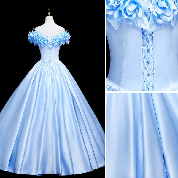 Elegant Sky Blue Flower Prom Dresses 2021 Ball Gown Satin Off-The-Shoulder Sleeveless Backless Floor-Length / Long Formal Dresses