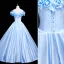 Elegant Sky Blue Flower Prom Dresses 2021 Ball Gown Satin Off-The-Shoulder Sleeveless Backless Floor-Length / Long Formal Dresses