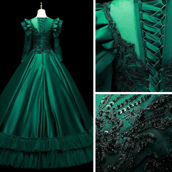Vintage / Retro Dark Green Satin Prom Dresses 2021 Ball Gown Scoop Neck Beading Sequins Lace Flower Long Sleeve Backless Floor-Length / Long Formal Dresses