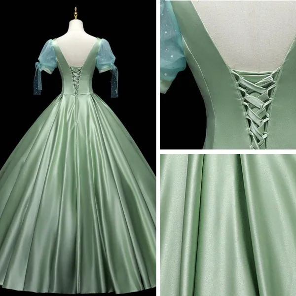 Chic / Beautiful Sage Green Satin Prom Dresses 2021 Ball Gown Square Neckline Short Sleeve Backless Floor-Length / Long Formal Dresses