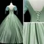 Chic / Beautiful Sage Green Satin Prom Dresses 2021 Ball Gown Square Neckline Short Sleeve Backless Floor-Length / Long Formal Dresses