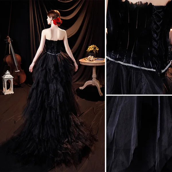 Sexy Black Feather Asymmetrical Evening Dresses 2021 Strapless Sleeveless Backless Sash Evening Party Formal Dresses