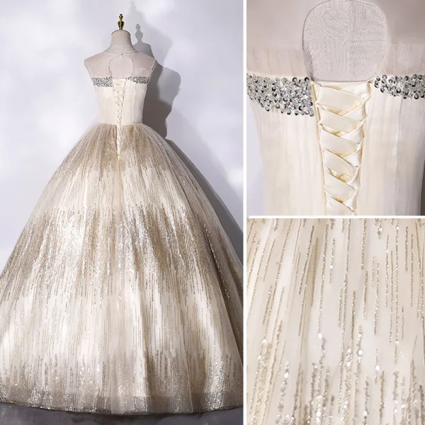 Sparkly Champagne Beading Sequins Prom Dresses Prom Dresses 2021 Ball Gown Scoop Neck Sleeveless Backless Floor-Length / Long Formal Dresses