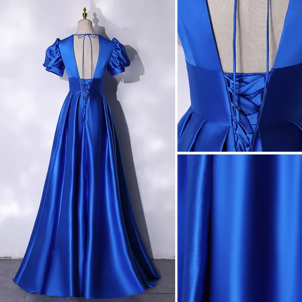 Vintage / Retro Royal Blue Satin Prom Dresses 2021 A-Line / Princess V-Neck Puffy Short Sleeve Backless Floor-Length / Long Formal Dresses
