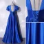 Vintage / Retro Royal Blue Satin Prom Dresses 2021 A-Line / Princess V-Neck Puffy Short Sleeve Backless Floor-Length / Long Formal Dresses