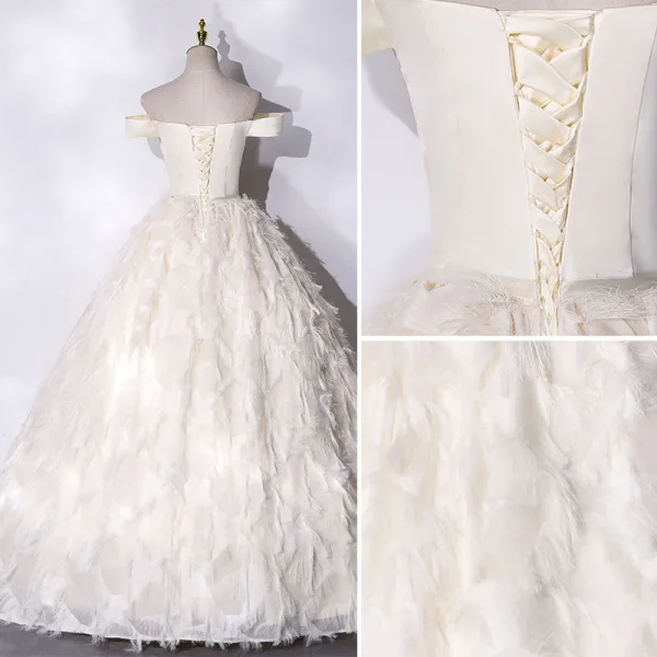 Élégant Champagne En Dentelle Fleur Gland Robe De Bal 2021 Princesse Satin De l'épaule Manches Courtes Dos Nu Longue Robe De Ceremonie