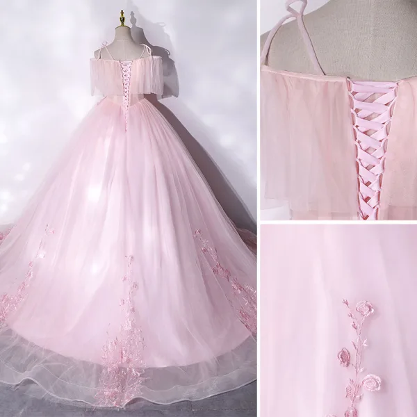 Flotte Lyserød Gallakjoler 2021 Prinsesse Spaghetti Straps Beading Med Blonder Blomsten Kort Ærme Halterneck Lange Kjoler