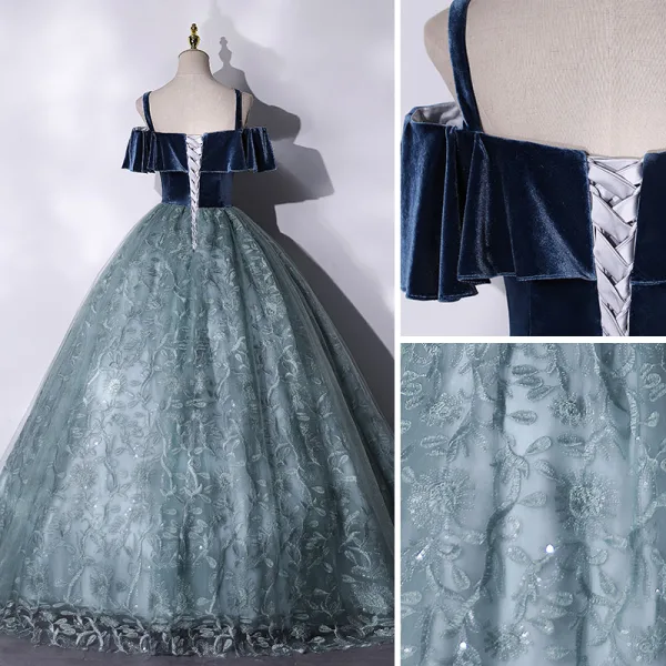 Elegant Navy Blue Prom Dresses 2021 Ball Gown Suede Spaghetti Straps Beading Lace Flower Short Sleeve Backless Floor-Length / Long Formal Dresses