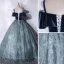 Elegant Navy Blue Prom Dresses 2021 Ball Gown Suede Spaghetti Straps Beading Lace Flower Short Sleeve Backless Floor-Length / Long Formal Dresses