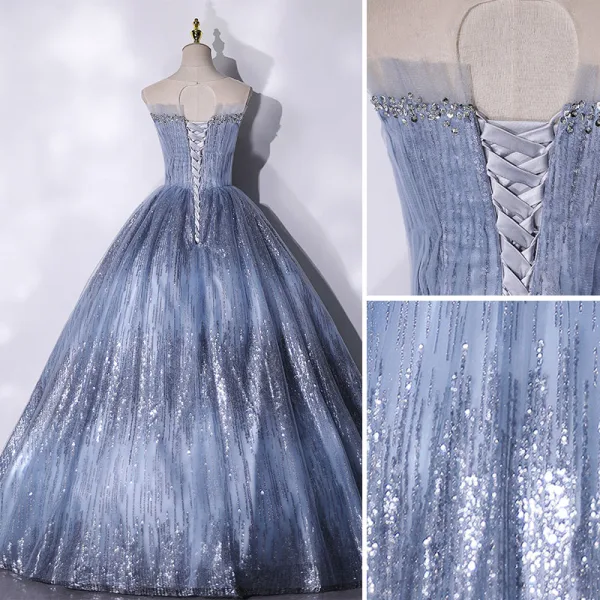 Charmant Scintillantes Océan Bleu Perlage Paillettes Robe De Bal 2021 Robe Boule Encolure Dégagée Sans Manches Dos Nu Longue Robe De Ceremonie