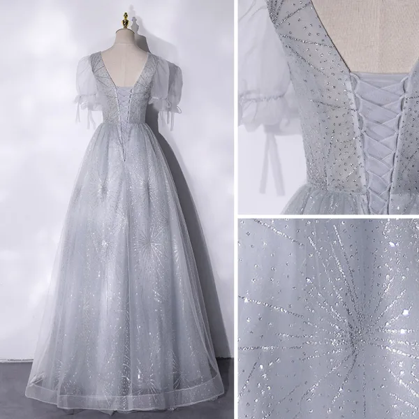 Chic / Belle Argenté Glitter Paillettes Robe De Bal 2021 Princesse V-Cou Manches Courtes Dos Nu Longue Robe De Ceremonie