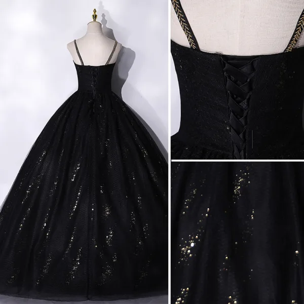Chic / Belle Noire Perlage Paillettes Robe De Bal 2021 Robe Boule Bretelles Spaghetti Sans Manches Dos Nu Longue Robe De Ceremonie