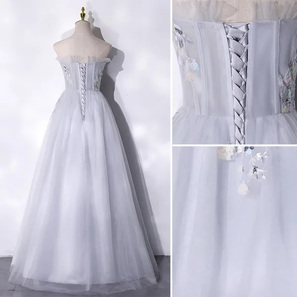 Élégant Argenté Paillettes En Dentelle Fleur Robe De Bal 2021 Princesse Volants Bustier Sans Manches Dos Nu Longue Robe De Ceremonie