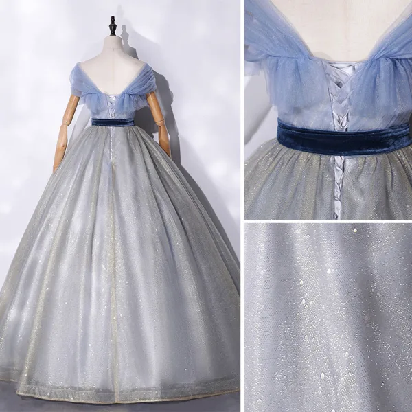Fashion Silver Prom Dresses 2021 Ball Gown Ruffle Square Neckline Short Sleeve Backless Suede Bow Sash Sequins Floor-Length / Long Formal Dresses