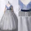 Fashion Silver Prom Dresses 2021 Ball Gown Ruffle Square Neckline Short Sleeve Backless Suede Bow Sash Sequins Floor-Length / Long Formal Dresses