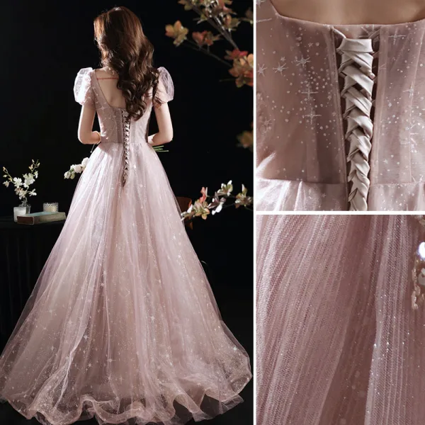 Charmant Rose Sombre Robe De Bal 2021 Princesse Perlage Perle Paillettes Encolure Carrée Gonflée Manches Courtes Dos Nu Longue Robe De Ceremonie