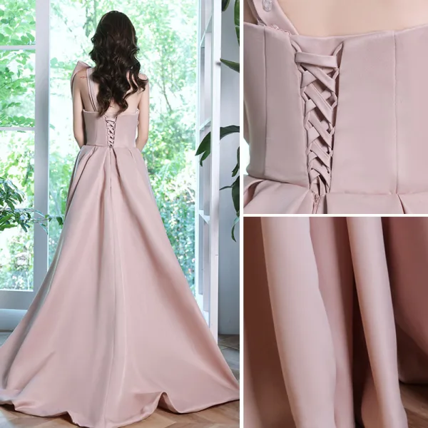 Schöne Rosa Ballkleider 2021 A Linie Bandeau Schleife Ärmellos Rückenfreies Sweep / Pinsel Zug Ball Festliche Kleider