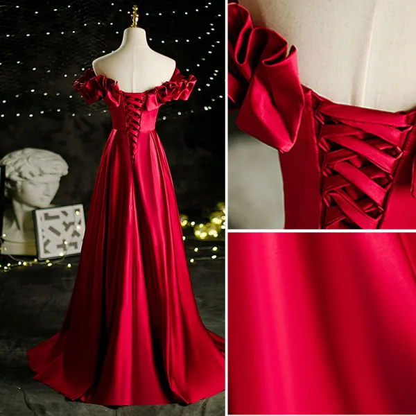 Elegant Burgundy Satin Prom Dresses 2021 A-Line / Princess Off-The-Shoulder Sleeveless Backless Floor-Length / Long Formal Dresses