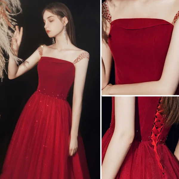 Charming Burgundy Prom Dresses Evening Dresses  2021 A-Line / Princess Square Neckline Beading Sequins Sleeveless Backless Floor-Length / Long Formal Dresses