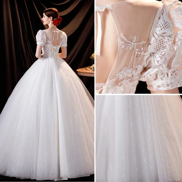 Charming Ivory Beading Wedding Dresses 2021 Ball Gown V-Neck Lace Flower Appliques Sequins Short Sleeve Backless Floor-Length / Long Wedding